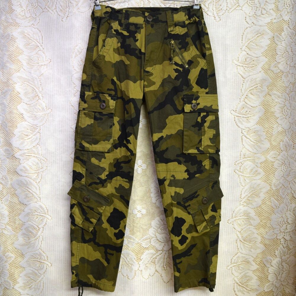 Mustway Camo Cargo Pants Womens Size 26 Green Camouflage Cotton Stretch Baggy